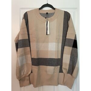 New Saukole Woman's Top Sweater sz Large Tan Plaid Oversized Soft Cozy